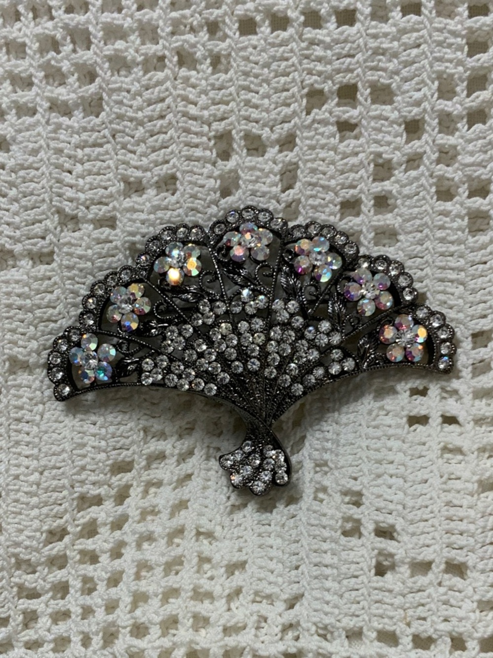 Kirks Folly Iridescent Crystal Fan Brooch with Black Metal Detail